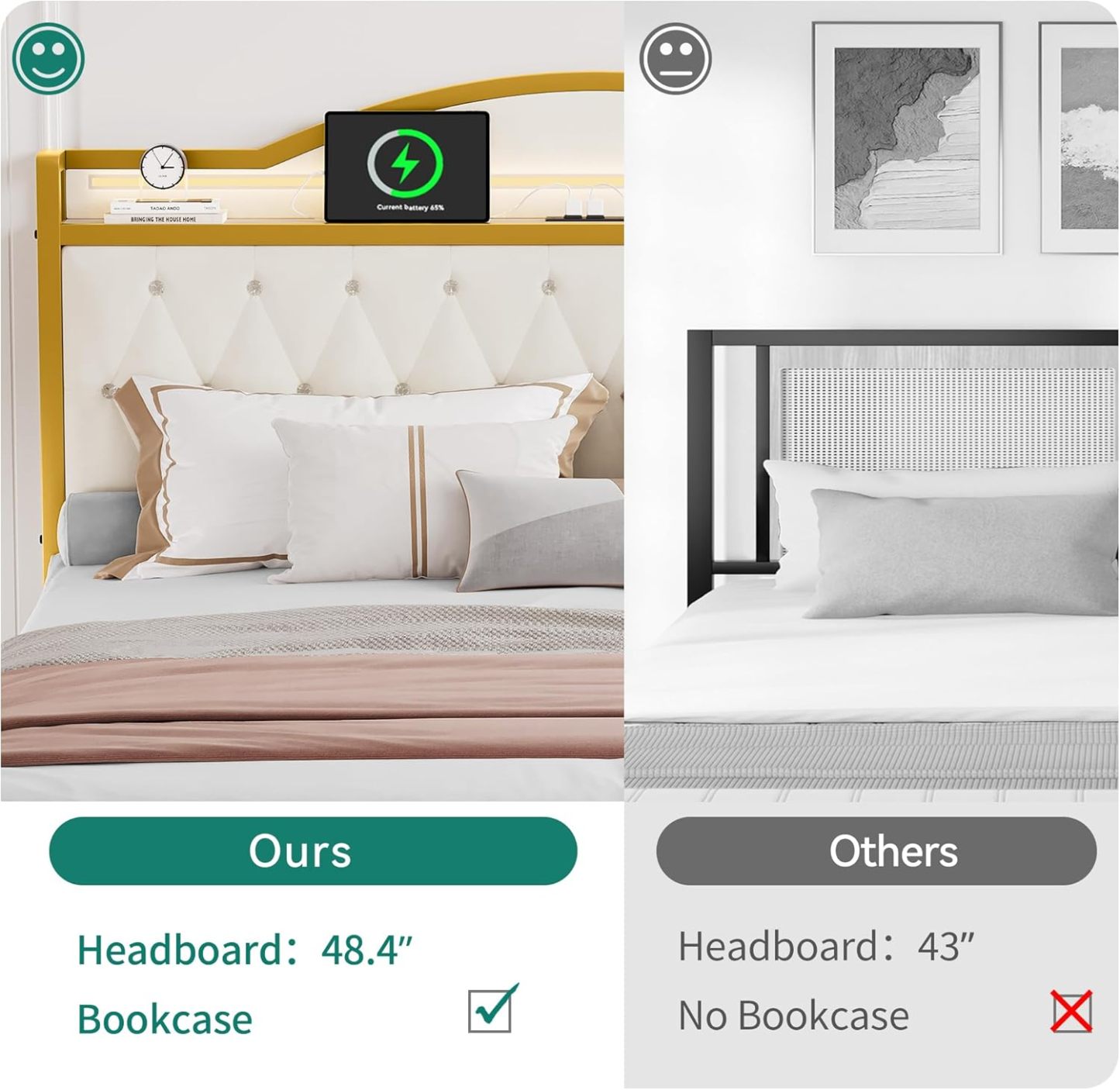 Queen Bed Frame with LED Lights, Platform Upholstered Bed with 4 Storage Drawers and Charging Station