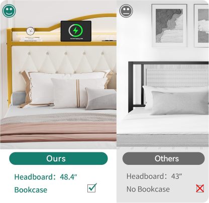 Queen Bed Frame with LED Lights, Platform Upholstered Bed with 4 Storage Drawers and Charging Station