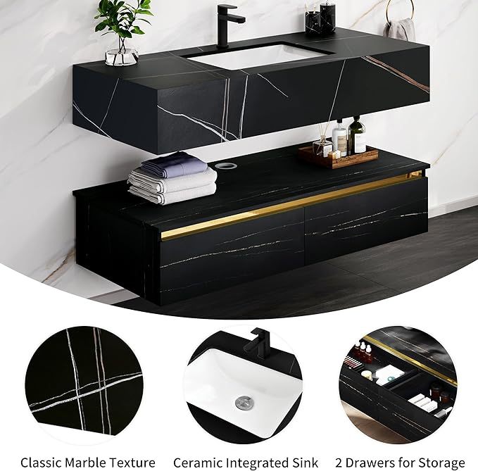 48 Inch Floating Bathroom Vanity, Wall Mounted Bathroom Vanity with Ceramic Basin Sink