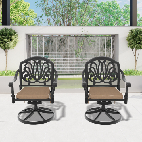Cast Aluminum Patio Swivel Chair 2PCS With Black Frame and Brown Cushions