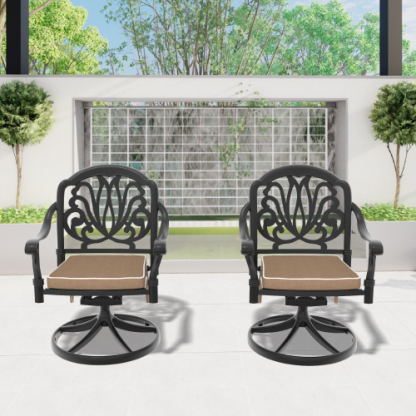 Cast Aluminum Patio Swivel Chair 2PCS With Black Frame and Brown Cushions