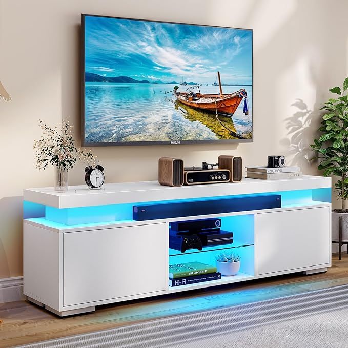 White TV Stand with LED Lights and Power Outlet