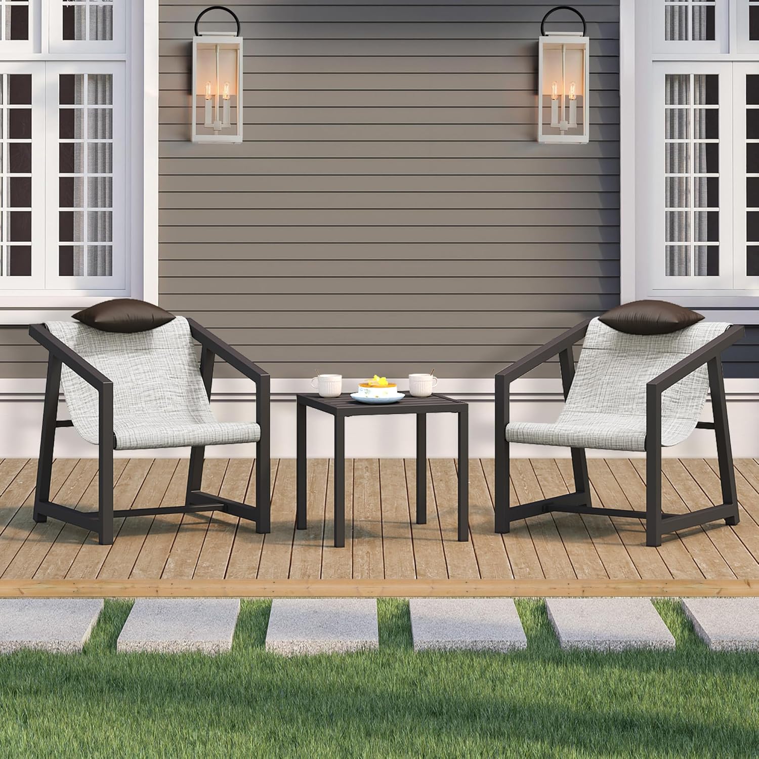 3 Piece Patio Bistro Set, Outdoor Table and Chairs Textile Furniture with Pillows, Front Porch Conversation Set