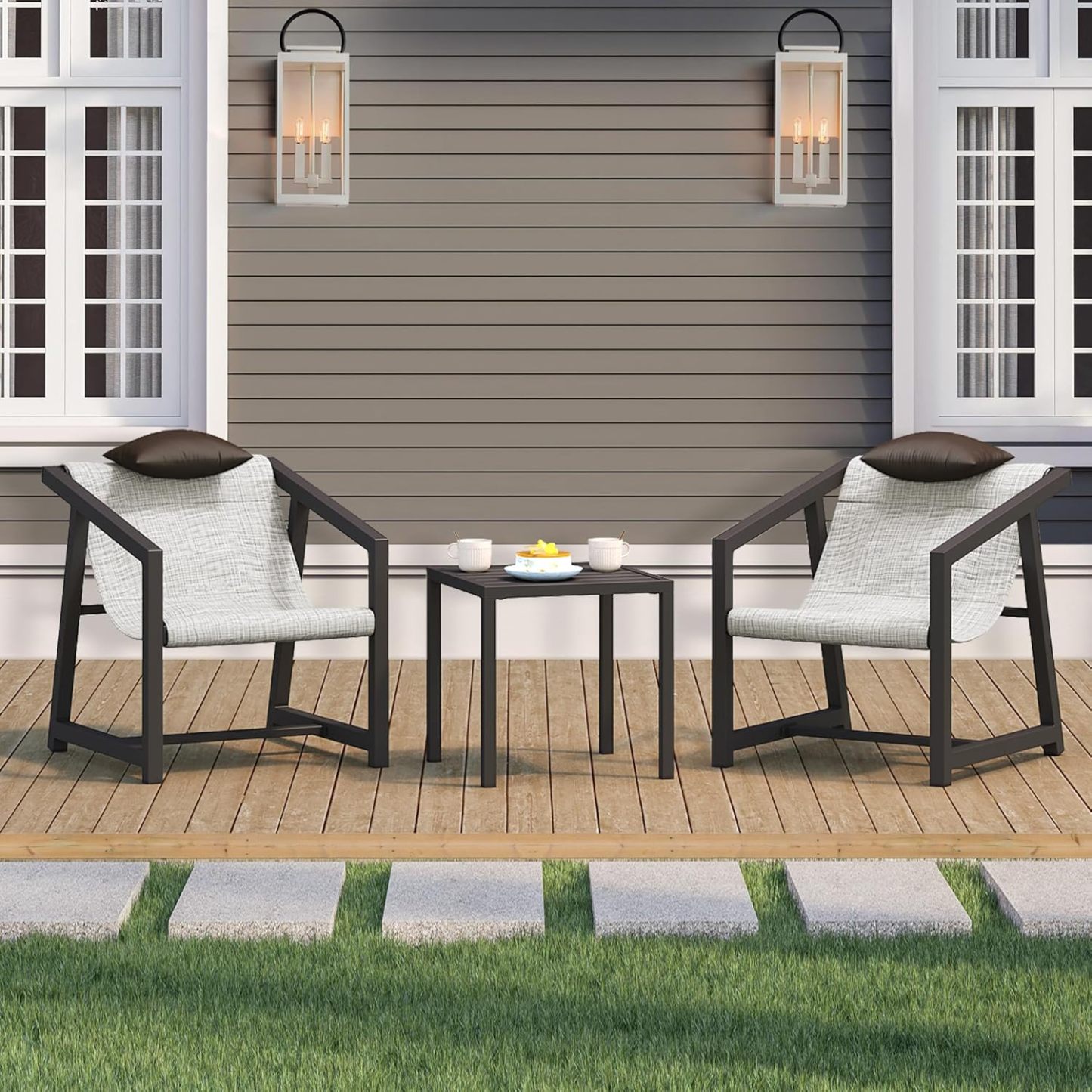 3 Piece Patio Bistro Set, Outdoor Table and Chairs Textile Furniture with Pillows, Front Porch Conversation Set