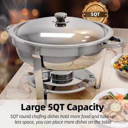 Chafing Dishes for Buffet, 5QT Round Chafing Dishes for Buffet with Lid & Lid Holder, Stainless Steel Chafers and Buffet Warmers Sets