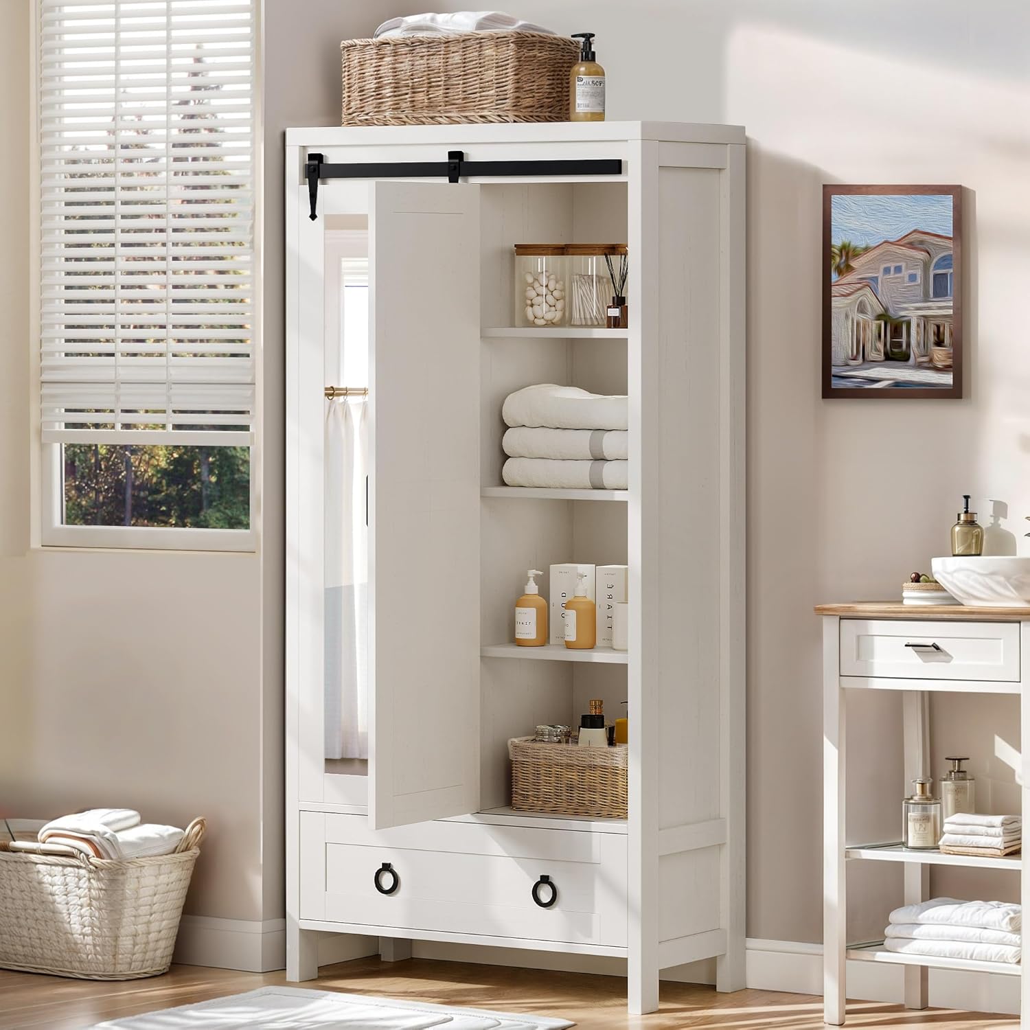 Tall Storage Cabinet, Farmhouse Bathroom Cabinets, Storage Cabinet with Doors, 1 Adjustable Shelf and 1 Drawer, Floor Kitchen Cabinet