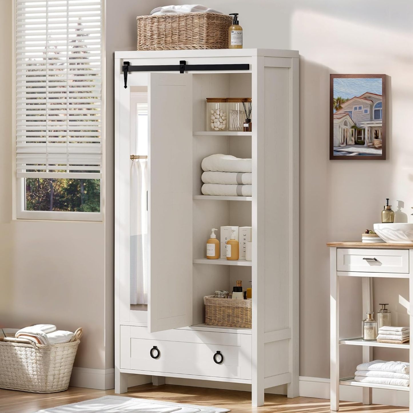 Tall Storage Cabinet, Farmhouse Bathroom Cabinets, Storage Cabinet with Doors, 1 Adjustable Shelf and 1 Drawer, Floor Kitchen Cabinet