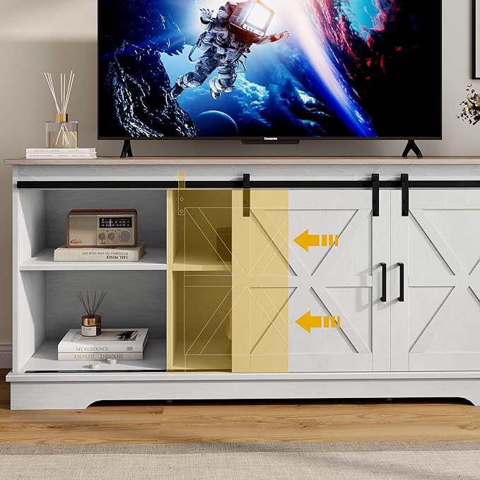 TV Cabinet for 65 Inch TV, Farmhouse TV Stand with Storage Cabinets and Sliding Barn Doors