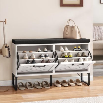 Shoe Cabinet Storage Bench for Entryway, 2-Tier Shoe Bench with 2 Flip Drawers & Padded Seat Cushion