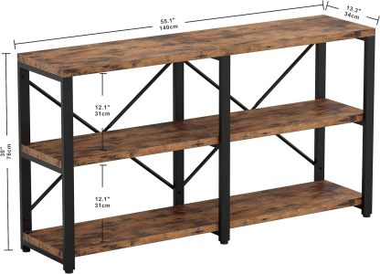 Bookshelf Double Wide 55 in 3 Tier, Industrial Bookcases, Wood and Metal Bookshelves, Book Shelves for Home Office Decor Display