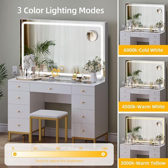 Vanity Desk Set with Large LED Lighted and Mirror & Power Outlet