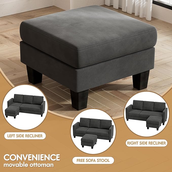Convertible Sectional Sofa Couch, 3 Seat L-Shaped Sofa with Linen Fabric, Movable Ottoman