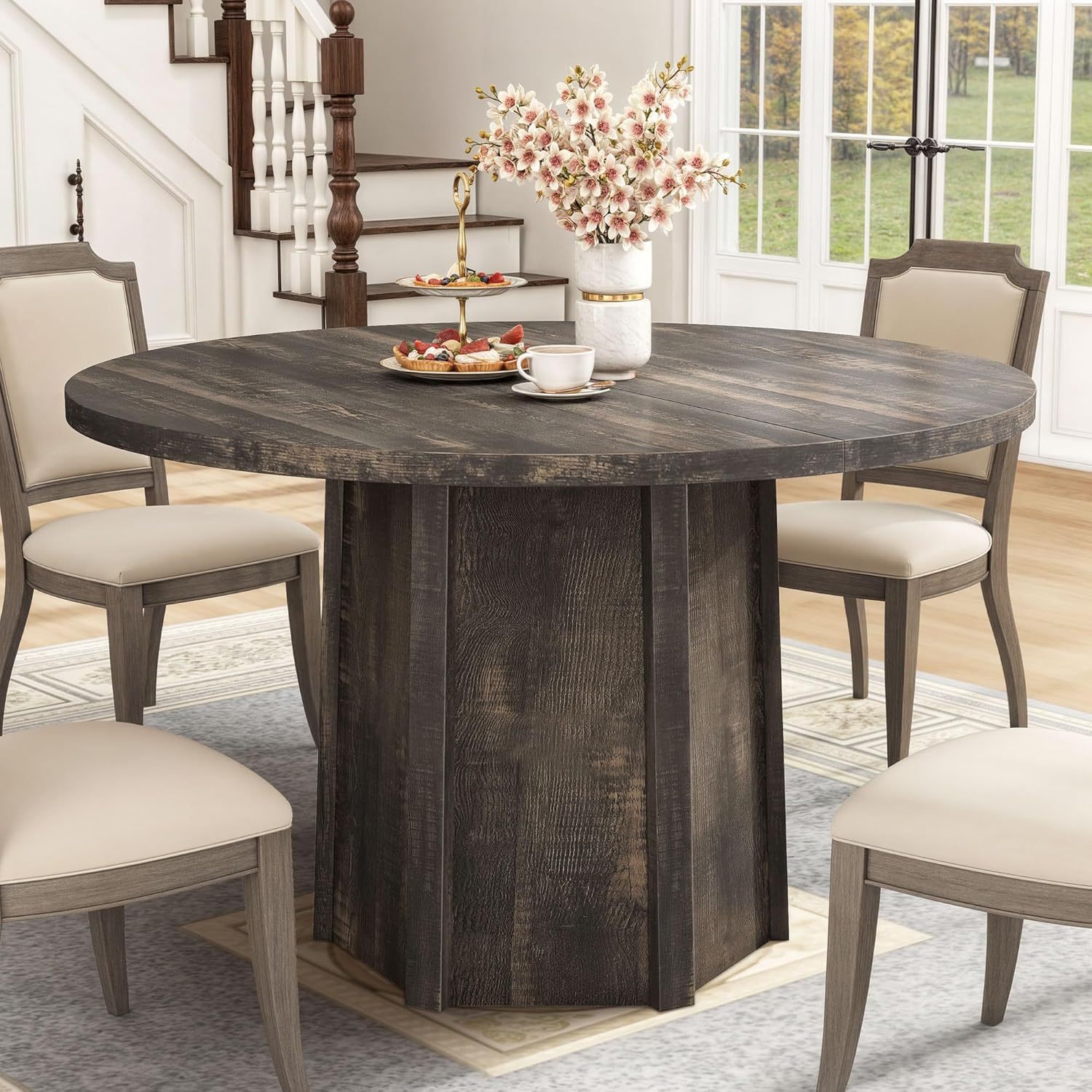 47" Round Dining Table for 4-6 People Farmhouse Industrial Dinning Room Table with 1.18" Thick Wooden Tabletop Rustic Circle Dining Table with Hexagonal Base