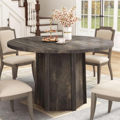 47" Round Dining Table for 4-6 People Farmhouse Industrial Dinning Room Table with 1.18" Thick Wooden Tabletop Rustic Circle Dining Table with Hexagonal Base