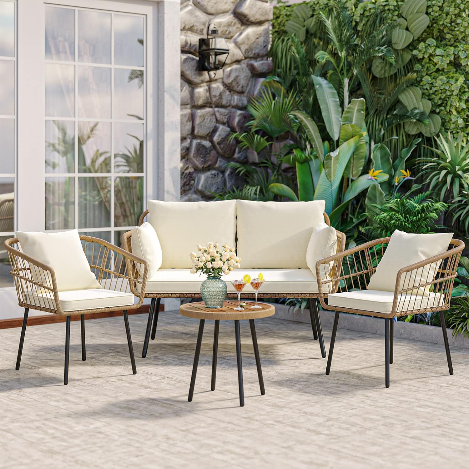 4 Pieces Patio Furniture Set, Wicker Balcony Bistro Set, Outdoor All-Weather Rattan Conversation Set