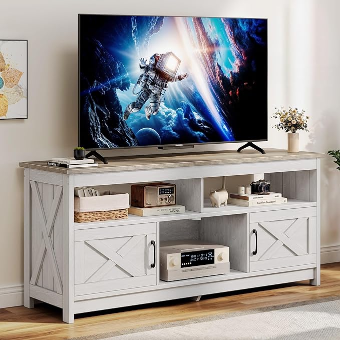 Farmhouse TV Console, TV Stand with Power Outlets for TVs up to 65 Inch