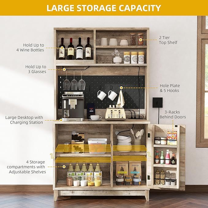 Farmhouse Pantry Cabinet - 71" Kitchen Pantry with Lights & Charging Station Hutch Cabinet with Storage