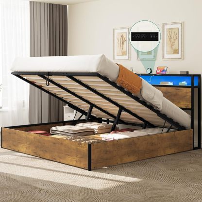 Lift Storage Bed Frame, King Size Bed Frame with 2-Tier Storage Shelf Headboard, LED Light Platform Bed Frame