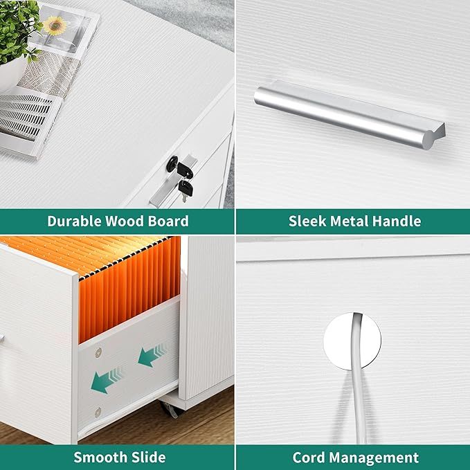 3 Drawer File Cabinet with Charging Station, Mobile Filing Cabinet with Lock