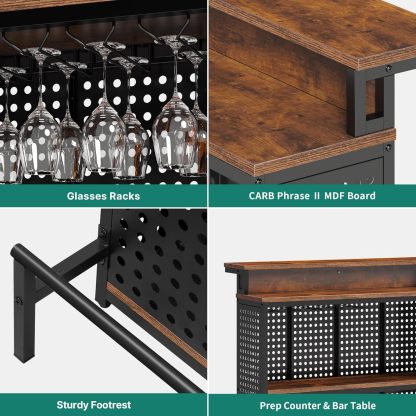 Mini Home Bar Unit with Music Sensing LED Light, Liquor Wine Cabinet w Counter Tall Bar Table Top Alcohol Storage Shelf Glasses Rack Footrest