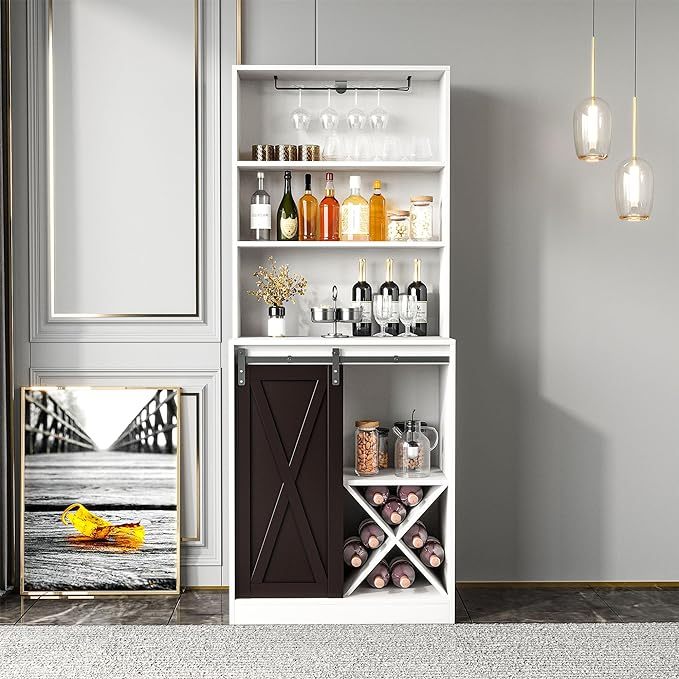 Bar Cabinet with Sliding Barn Door, 68'' Tall Freestanding Kitchen Cabinet