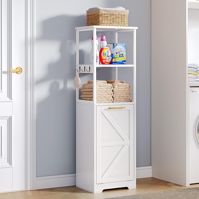 Tilt Out Laundry Hamper, Hidden Laundry Hamper Cabinet and 3-Tier Storage Shelves with Removable Laundry Basket
