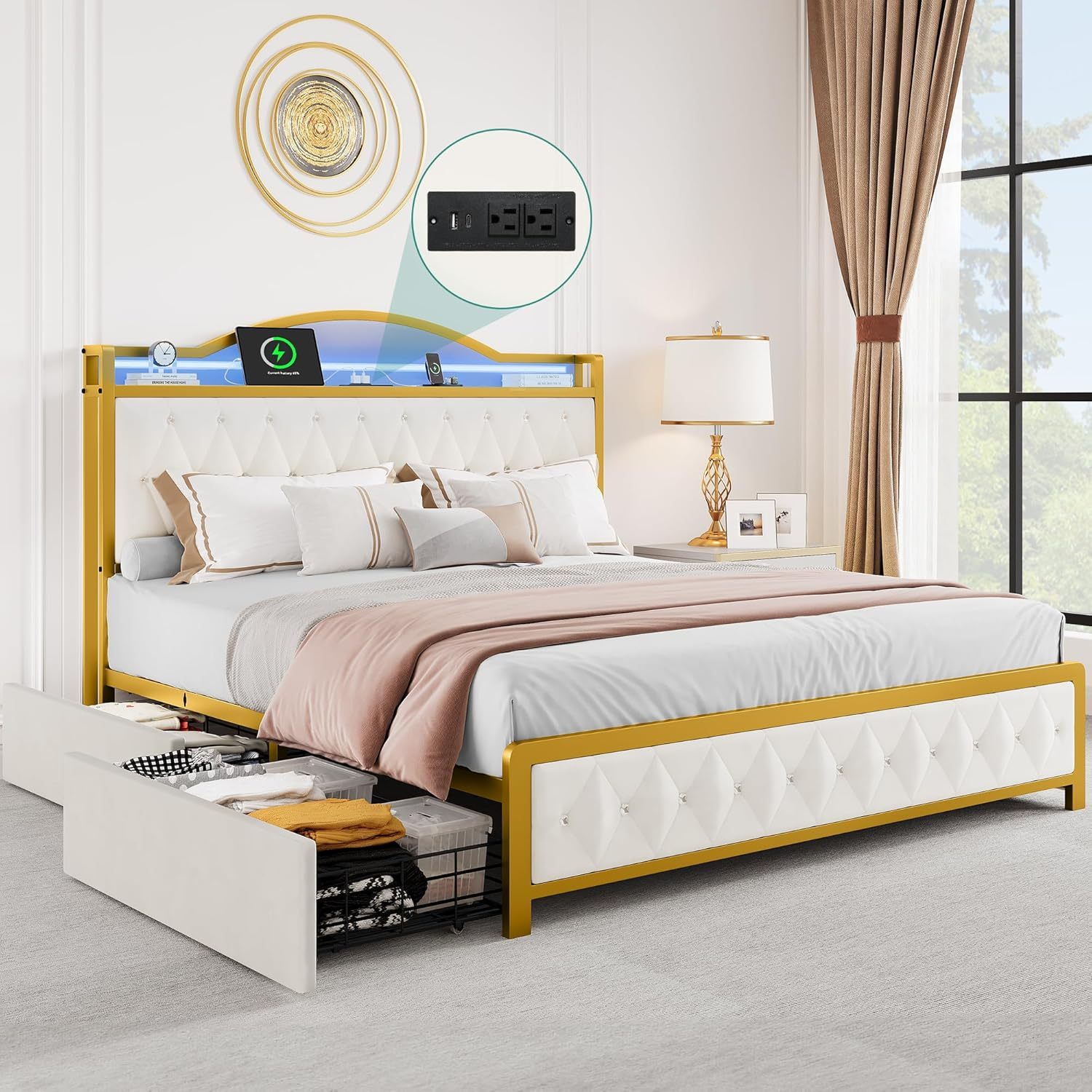 Queen Bed Frame with LED Lights, Platform Upholstered Bed with 4 Storage Drawers and Charging Station