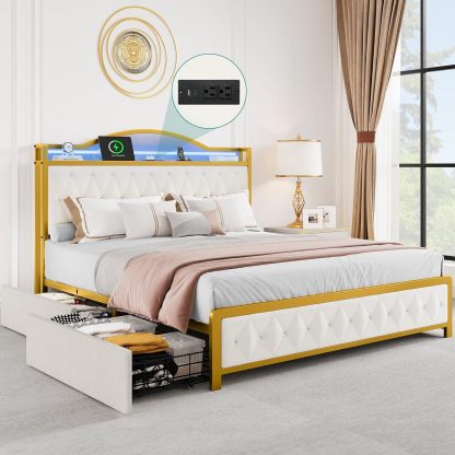 Queen Bed Frame with LED Lights, Platform Upholstered Bed with 4 Storage Drawers and Charging Station