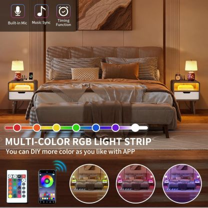 Small Nightstand with Charging Station, Wood Night Stand with Drawer for Bedroom, LED End Table Side Table with Open Shelf