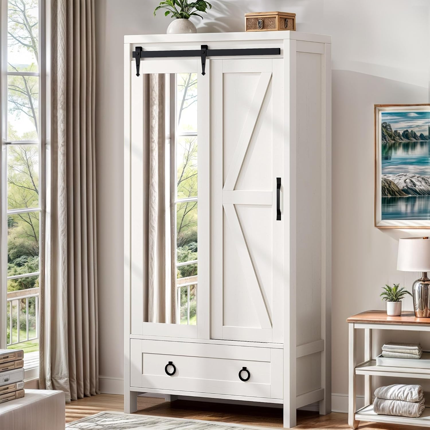 Tall Storage Cabinet, Farmhouse Bathroom Cabinets, Storage Cabinet with Doors, 1 Adjustable Shelf and 1 Drawer, Floor Kitchen Cabinet