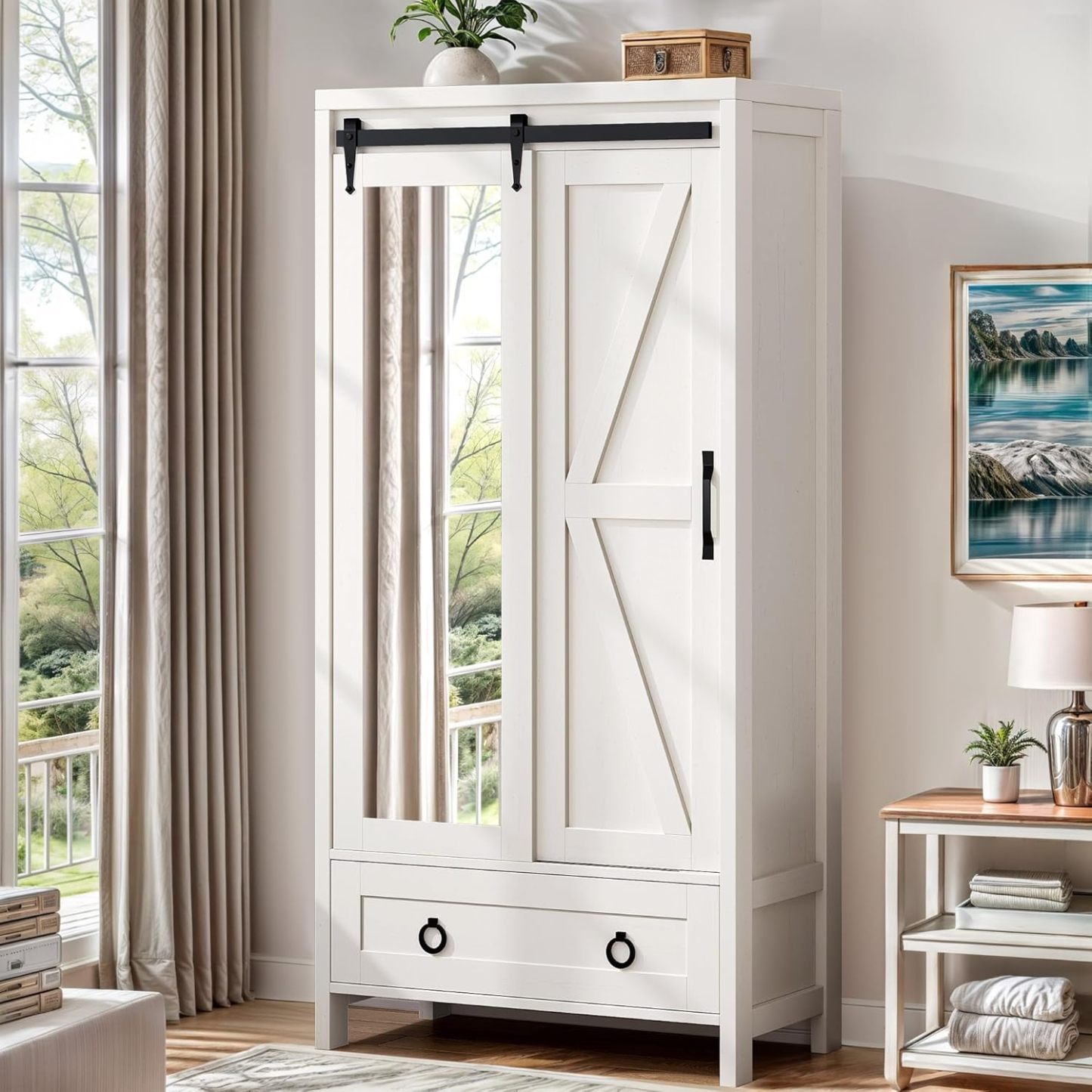 Tall Storage Cabinet, Farmhouse Bathroom Cabinets, Storage Cabinet with Doors, 1 Adjustable Shelf and 1 Drawer, Floor Kitchen Cabinet