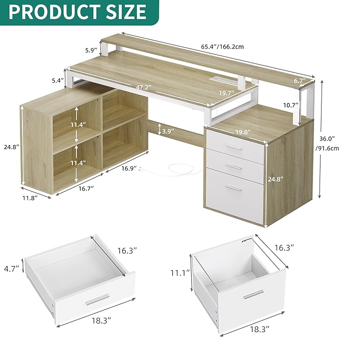 L Shaped Desk with Power Outlets, 65" Computer Desk Corner Desk with Drawers & Storage Shelves