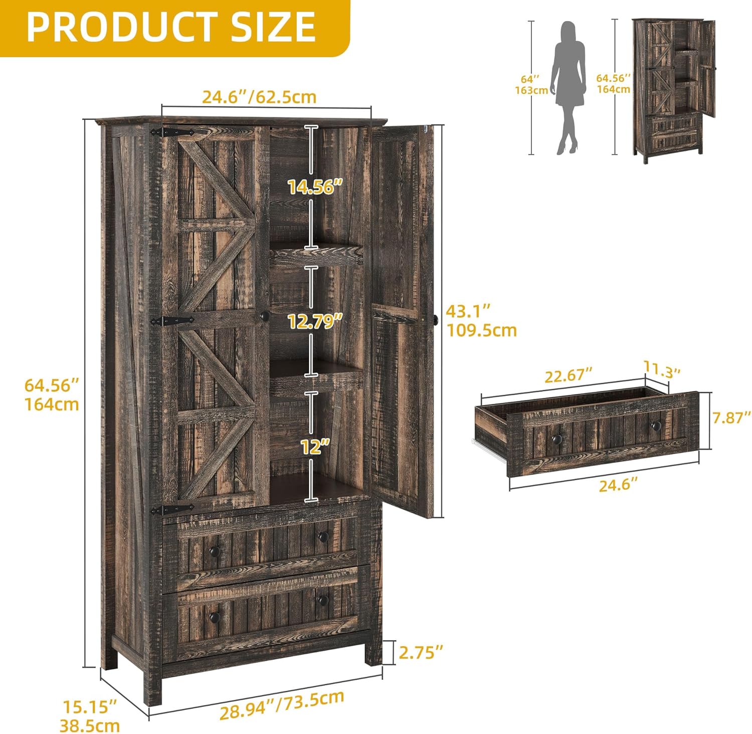 Farmhouse Kitchen Pantry Cabinet, 64.5" Tall Storage Cabinet with 2 Drawers & Adjustable Shelves, Ideal for Kitchen, Living Room, or Entryway, Dark Rustic