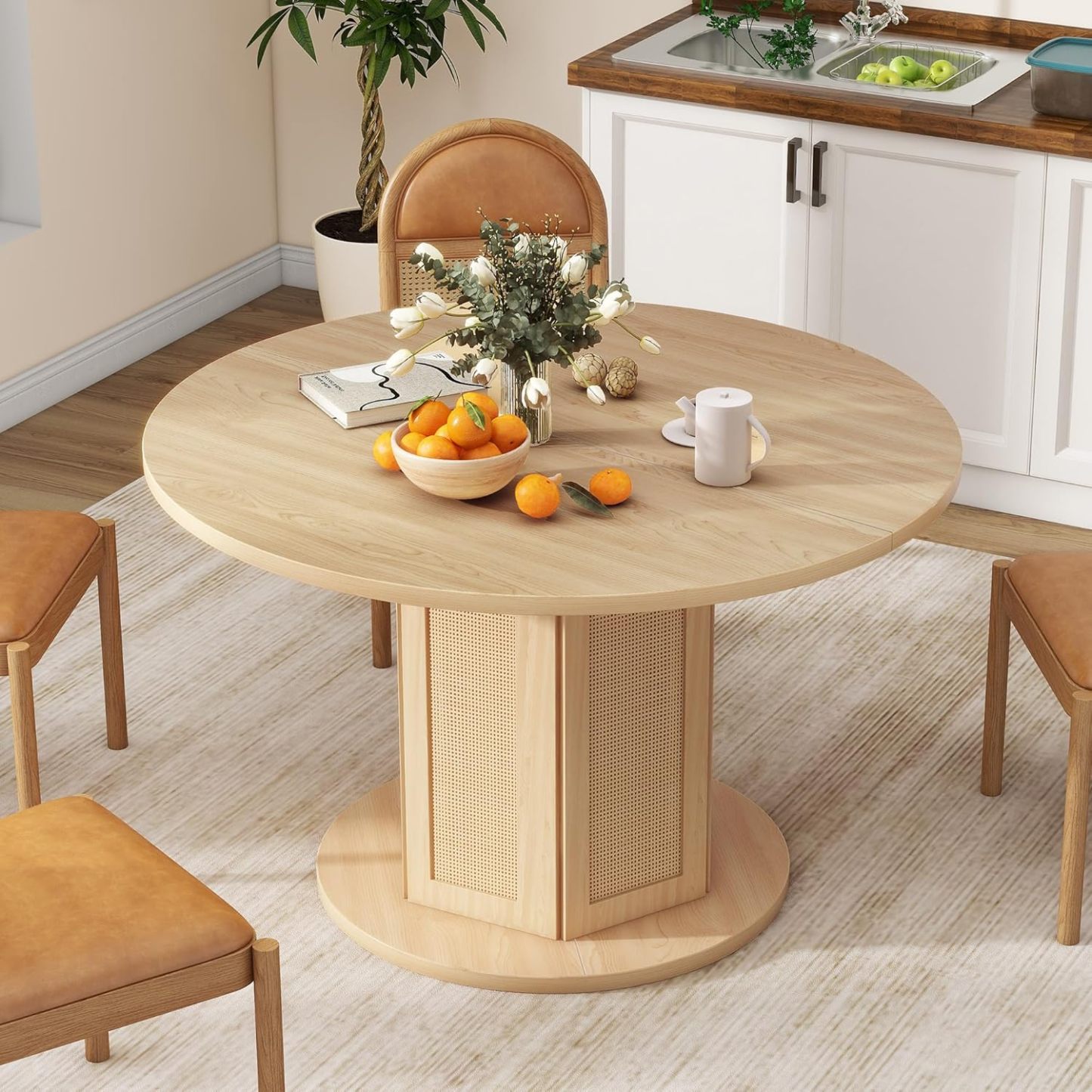 Round Dining Table for 4-6 People Circle Dining Table with Wooden Rattan Base Modern Farmhouse Kitchen Table