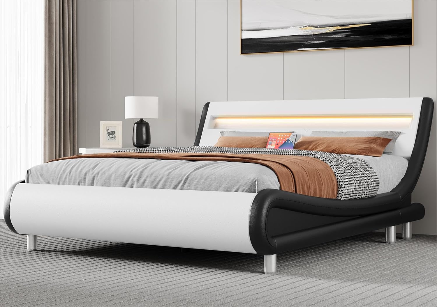 Queen Bed Frame with Ergonomic Headboard,Upholstered Led Bed Frame with Lights and Charging Station