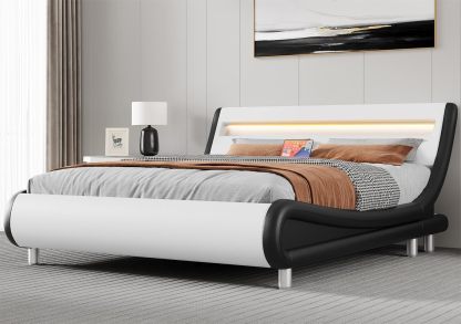 Queen Bed Frame with Ergonomic Headboard,Upholstered Led Bed Frame with Lights and Charging Station