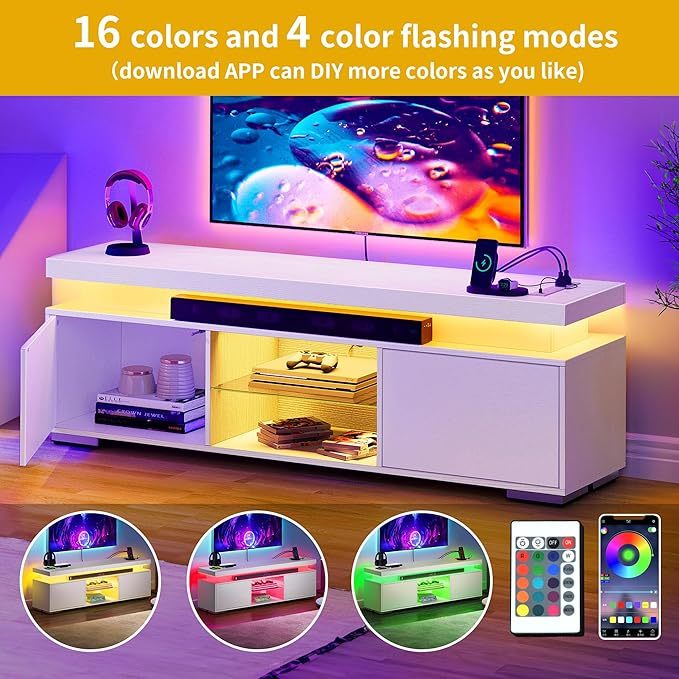 White TV Stand with LED Lights and Power Outlet