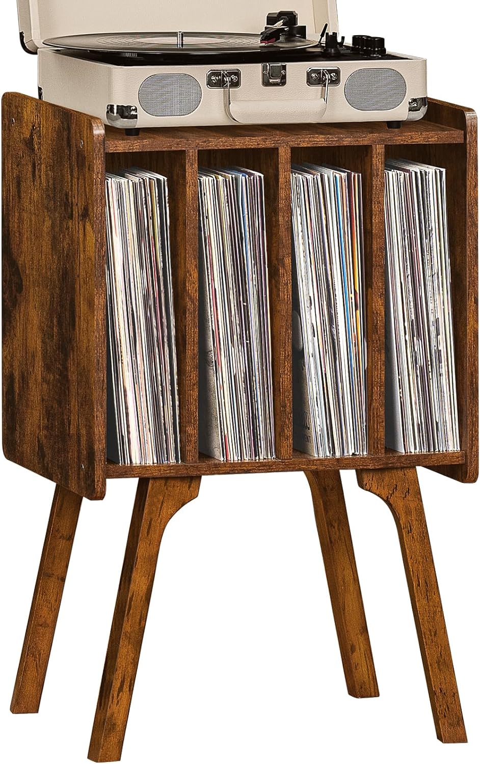 Record Player Stand with Storage Holds Up to 100 Albums, Turntable Stand with Beech Wood Legs, Mid-Century Record Player Table, Brown Vinyl Holder Display Shelf for Bedroom Living Room