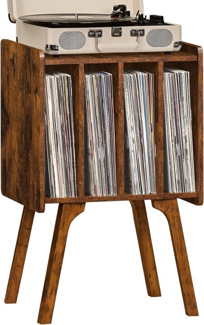 Record Player Stand with Storage Holds Up to 100 Albums, Turntable Stand with Beech Wood Legs, Mid-Century Record Player Table, Brown Vinyl Holder Display Shelf for Bedroom Living Room