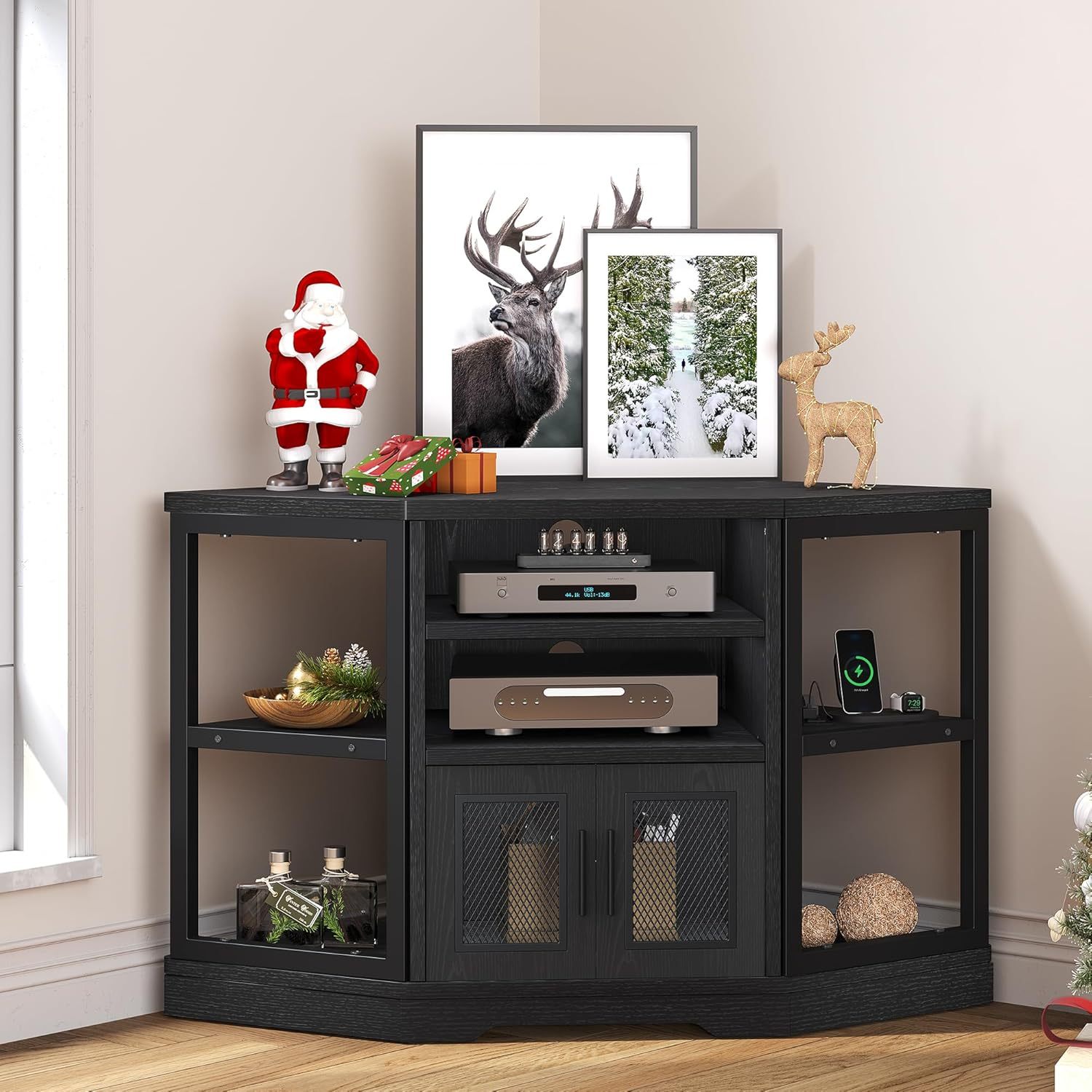 Corner TV Stand for TVs up to 55/50 Inch with Power Outlet, Modern Farmhouse Entertainment Center