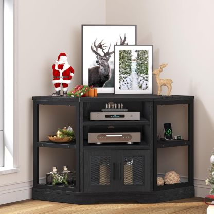 Corner TV Stand for TVs up to 55/50 Inch with Power Outlet, Modern Farmhouse Entertainment Center