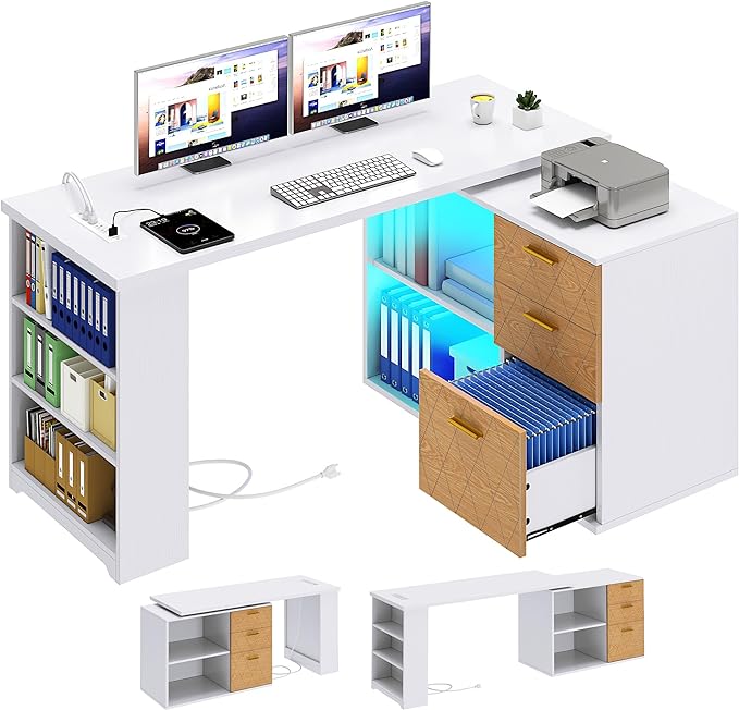 L Shaped Desk with Drawers, 59" Corner Computer Desk with Power Outlets & LED Lights