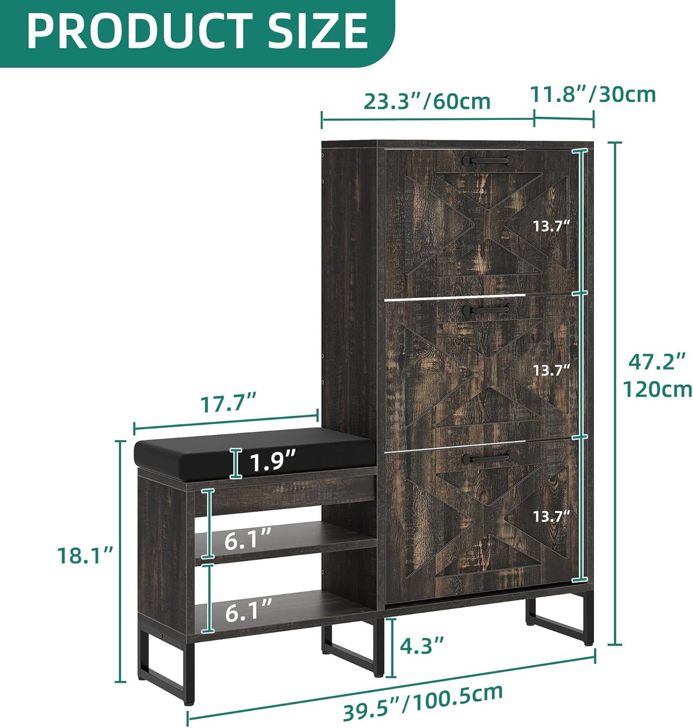 Shoe Cabinet with Bench for Entryway, 3 Flip Drawers Shoe Storage Cabinet with Shoe Bench