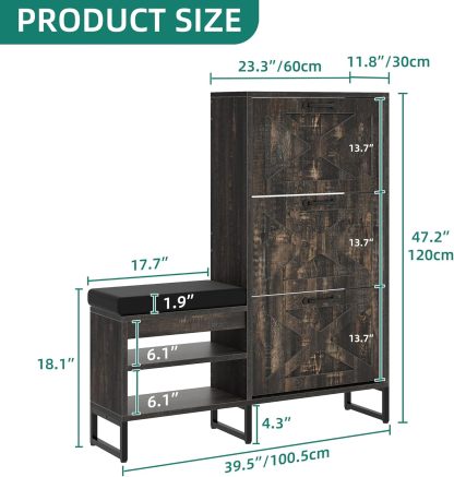 Shoe Cabinet with Bench for Entryway, 3 Flip Drawers Shoe Storage Cabinet with Shoe Bench