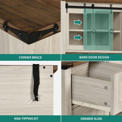 72" Farmhouse Bar Cabinet with Bottle Rack and Wine Glass Holder, Large Kitchen Buffet with Shelves, Wine Cabinet with 3 Drawers,Coffee Bar Sideboard with LED Lights