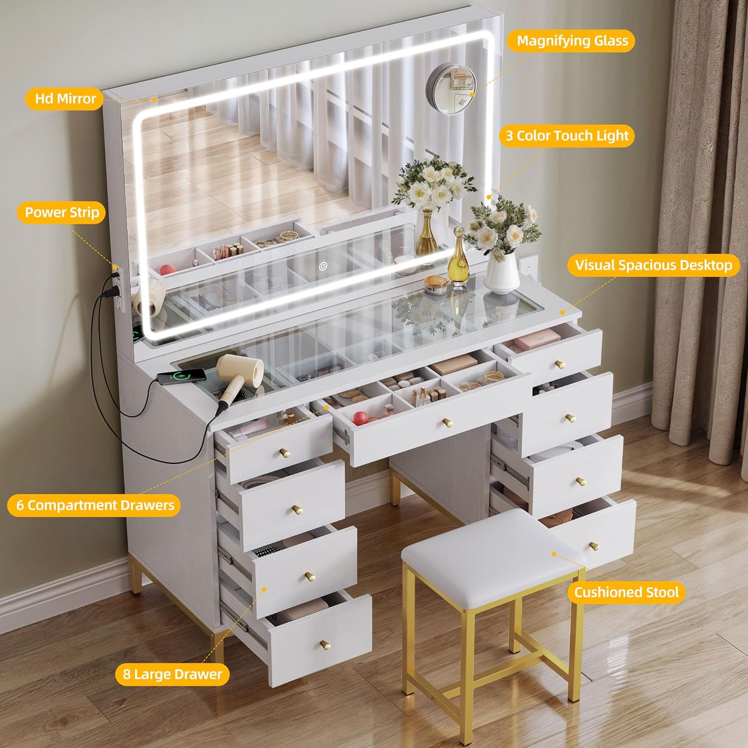 Vanity Desk Set with Large LED Lighted and Mirror & Power Outlet