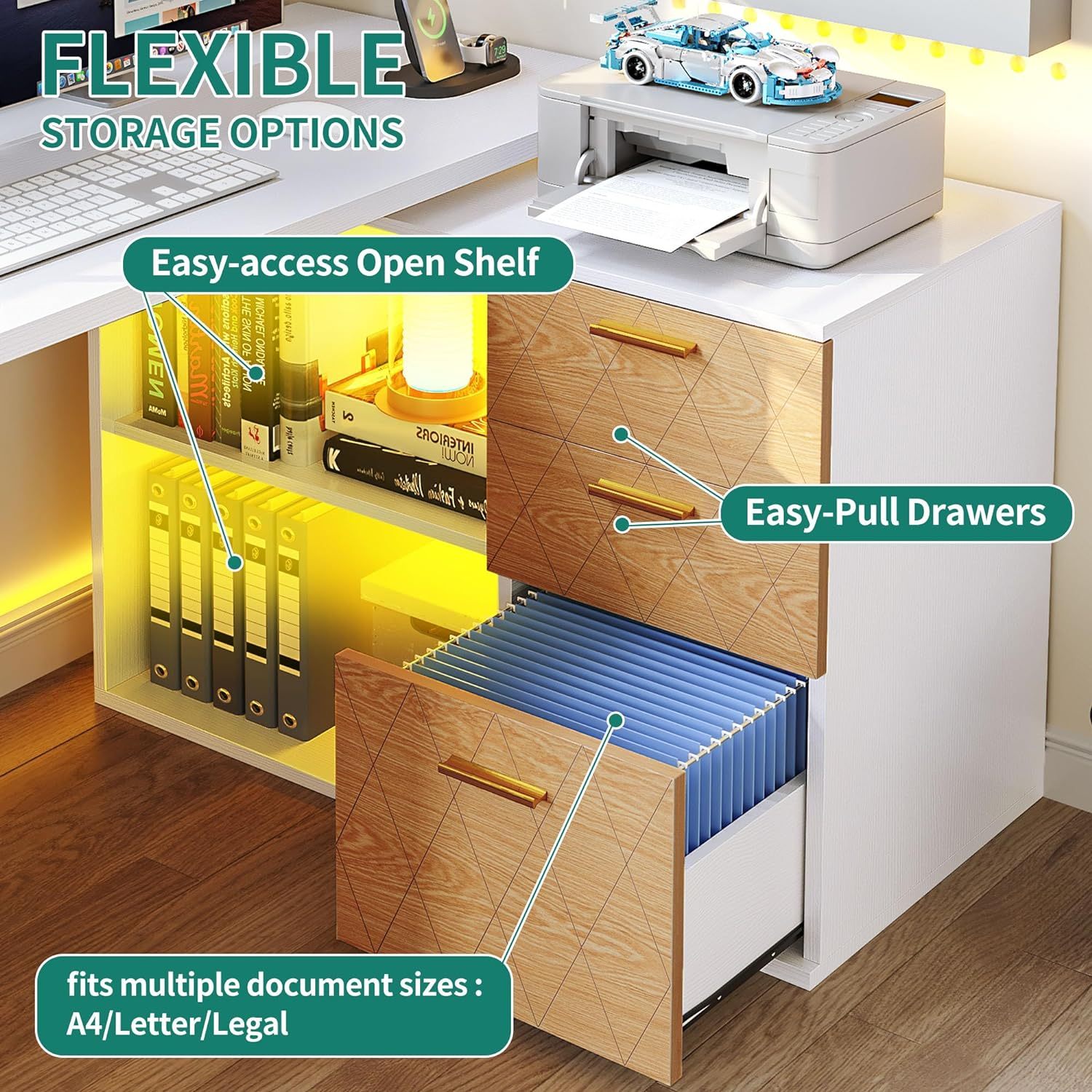 L Shaped Desk with Drawers, 59" Corner Computer Desk with Power Outlets & LED Lights