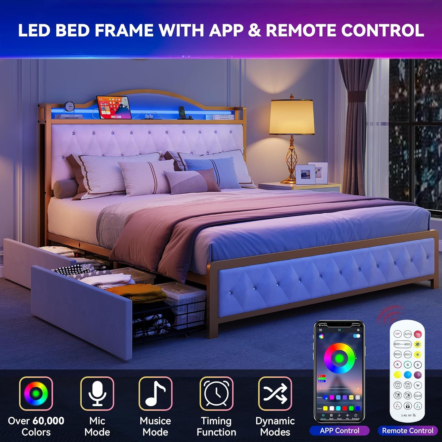 Queen Bed Frame with LED Lights, Platform Upholstered Bed with 4 Storage Drawers and Charging Station