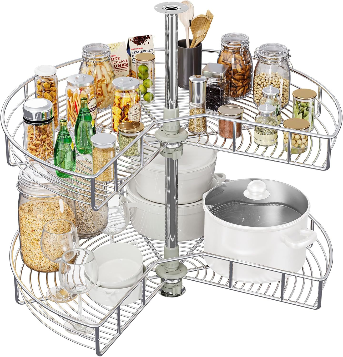 31-Inch Kidney Shaped Chrome Pie Cut 2-Shelf Lazy Susan Corner Organizer for Kitchen Cabinet Blind Corner Storage with Telescoping Mount