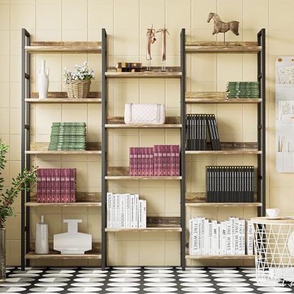 Bookcases and Bookshelves Triple Wide 5 Tiers Industrial Bookshelf with Baffles Large Etagere Bookshelf with Metal Frame for Living Room Home Office